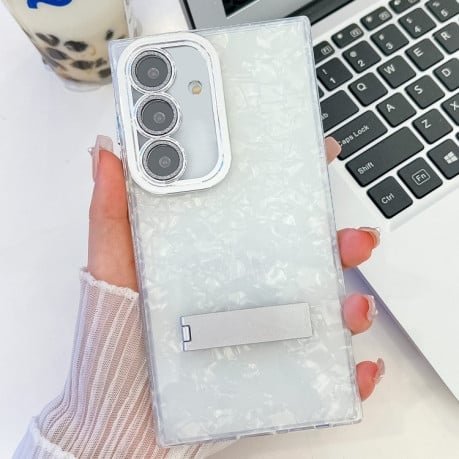 Противоударный чехол Plating Glitter Texture TPU with Lens Film для Samsung Galaxy S25+ 5G - White Shell Pattern
