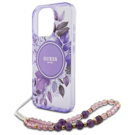 Оригінальний чохол Guess IML Flowers With Pearl Strap MagSafe для iPhone 16 Pro Max - purple