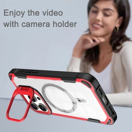 Противоударный чехол Transparent Acrylic MagSafe Lens Holder на iPhone 16 Plus - розовый