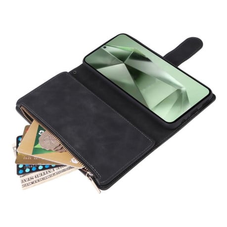 Чехол-книжка Multifunctional Frosted Zipper Wallet с матовой фактурой и ремешком на Samsung Galaxy S25 FE 5G - черный