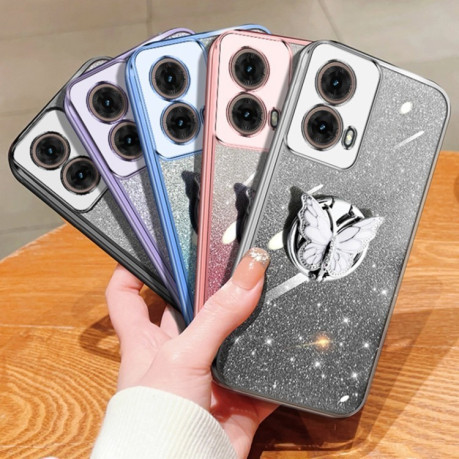 Противоударный чехол Plated Gradient Glitter Butterfly Holder для Motorola Moto G85 - голубой