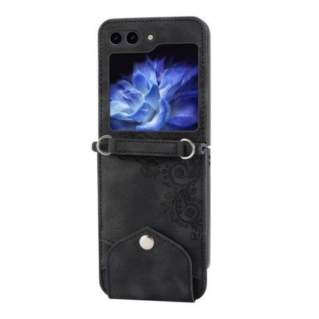 Противоударный чехол Skin Feel Flowers Embossed Wallet для Samsung Galaxy Flip 5 - черный