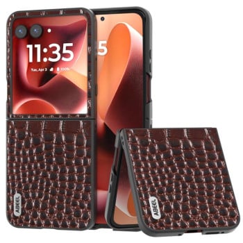 Противоударний чехол ABEEL Crocodile Texture Genuine Leather для Motorola Razr 60 Ultra - кофейный