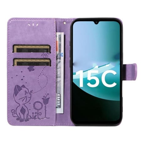 Чехол-книжка Cat Embossing Pattern на Xiaomi Redmi 15C 5G / 4G EU 173mm - фиолетовый
