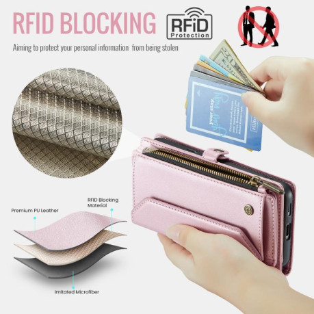 Чехол-книжка CaseMe C36 Card Slots Zipper Wallet RFID Anti-theft Leather для Google Pixel 9a - розовый