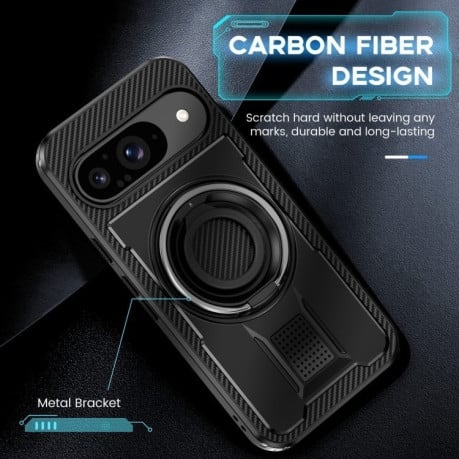Противоударный чехол Ring Holder Carbon Fiber PC Hybrid TPU для Google Pixel 9 / 9 Pro - черный