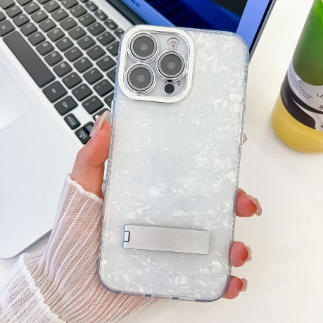 Противоударный чехол Plating Glitter Texture Fold Holder  with Lens Film для  iPhone 16 Pro - White Shell Pattern