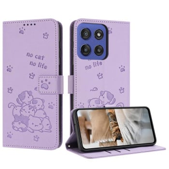 Чехол-книжка Embossed Kitten Phone Leather для Motorola Edge 60 Fusion - фиолетовый