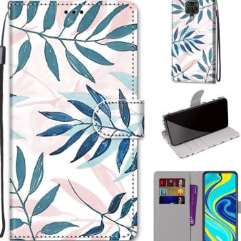 Чохол-книжка Coloured Drawing на Xiaomi Redmi Note 9S/9 Pro - Pink Green Leaf