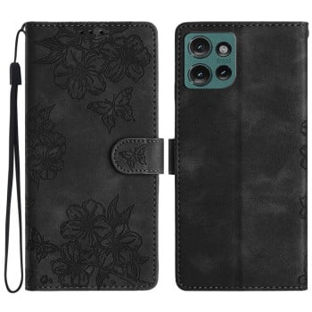 Чехол-книжка Cherry Blossom Butterfly Skin Feel Embossed на Motorola Edge 50 5G - черный