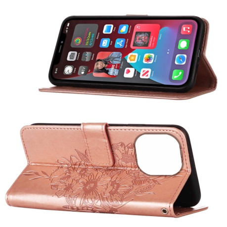 Чехол-книжка Embossed Butterfly для  iPhone 14 Pro - розовое золото