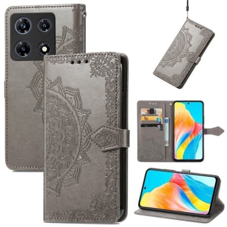 Чехол-книжка с тиснением Mandala и магнитным хлястиком на Infinix Note 30 Pro - серый