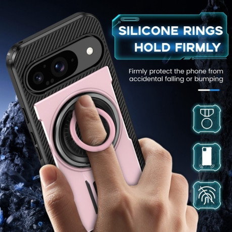 Противоударный чехол Ring Holder Carbon Fiber PC Hybrid TPU для Google Pixel 9 / 9 Pro - розовое золото