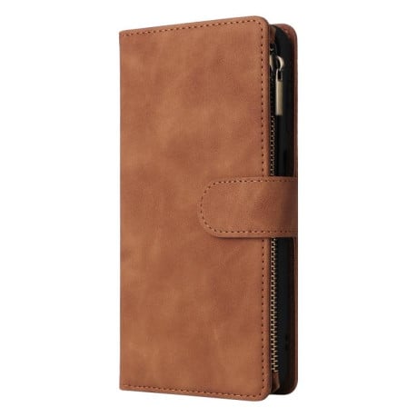 Чехол-книжка Multifunctional Frosted Zipper Wallet с матовой фактурой и ремешком на Samsung Galaxy S25 FE 5G - коричневый