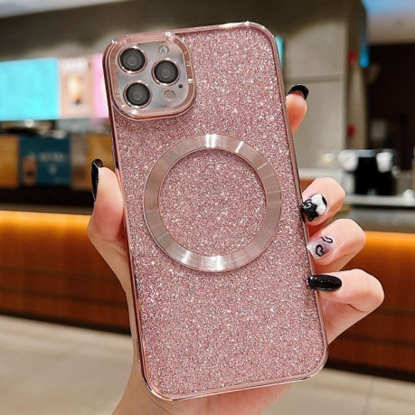 Ударозащитный чехол Electroplating Pure Color Glitter Powder MagSafe на iPhone 16 Pro - розовый