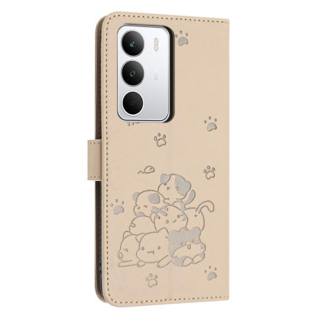 Чехол-книжка Embossed Kitten Phone Leather для Realme C71 4G - бежевый