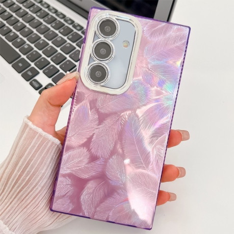 Противоударный чехол Plating Glitter Texture TPU with Lens Film для Samsung Galaxy S25 5G - Purple Feathers