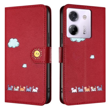 Чехол-книжка Cartoon Cats Leather для Xiaomi Poco M7 Pro 5G Global - красный