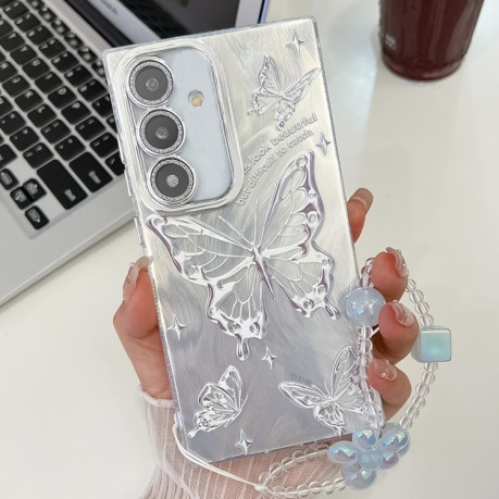 Противоударный чехол Plating Glitter Lens Film Texture Butterfly Holder Wristband для Samsung Galaxy S25+ 5G - Silver Butterflies