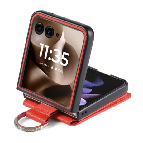 Противоударный чехол Litchi Texture Leather Ring Wallet  на Motorola Razr 60 Ultra - оранжевый