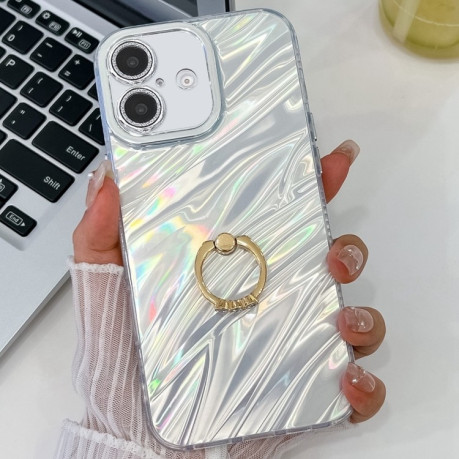 Противоударный чехол Plating Glitter Texture Ring Holder для iPhone 16 - White Water Ripples