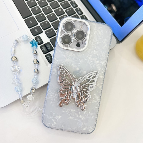 Протиударний чохол Plating Glitter Lens Film Texture Butterfly Holder Wristband для iPhone 16 Pro Max - White Shell Pattern