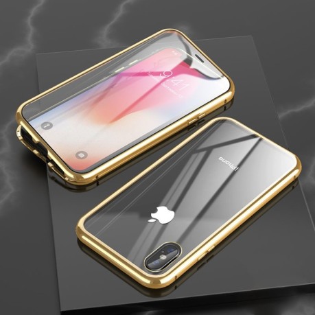 Двухсторонний магнитный чехол Adsorption Metal Frame для iPhone XR - золотой