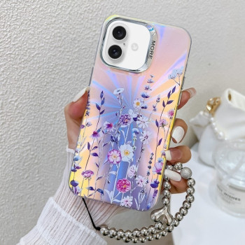 Чехол Electroplating Laser Flower Phone Case with Wrist Strap на iPhone 16 - Flower