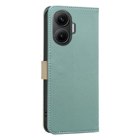 Чехол-книжка Splicing Color Hollow Flower Pattern RFID для Xiaomi Poco F7 5G - зеленый