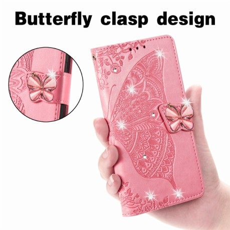Чохол-книжка Rhinestones Butterfly Love Flower Embossed для Xiaomi 13T / 13T Pro - рожевий