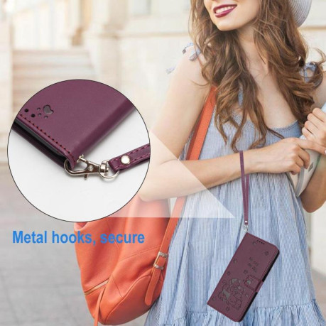 Чехол-книжка Embossed Kitten Phone Leather для OPPO Reno13 5G Global - винно-красный