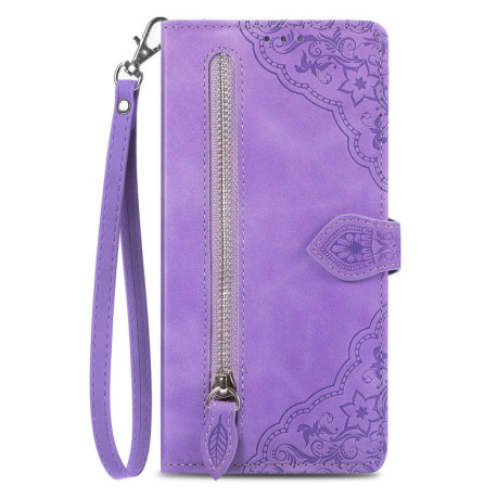 Чехол-книжка Embossed Flower Zipper Leather на iPhone 15 -фиолетовый