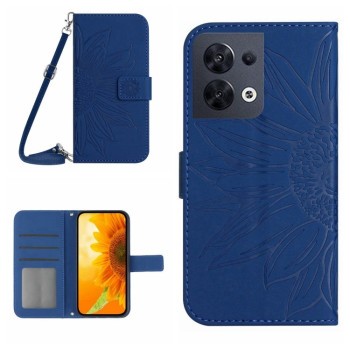 Чехол-книжка Skin Feel с рисунком подсолнуха на OPPO Reno 8 4G/5G - темно-синий