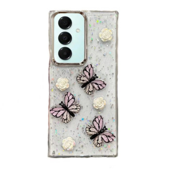 Противоударный чехол Plated Gradient Glitter Butterfly Holder для Samsung Galaxy A16 5G - розовый