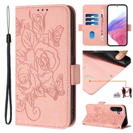 Чехол-книжка Embossed Rose RFID Anti-theft Leather для на Samsung Galaxy F16 5G/M16 5G Global - розовый