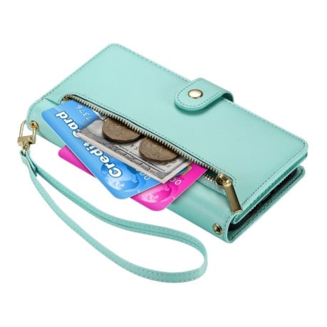 Чехол-кошелек Nine Card-slot Zipper Wallet Bag Leatherдля Samsung Galaxy S24 FE 5G - зеленый