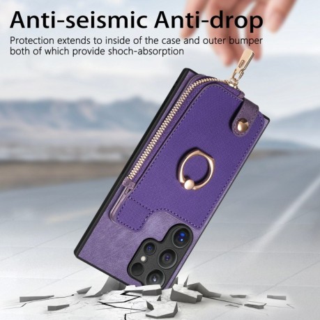 Чохол Cross Leather Ring Vertical Zipper Wallet на Samsung Galaxy S24 Ultra 5G - фіолетовий