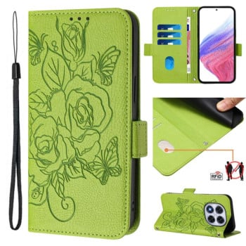 Чехол-книжка Embossed Rose RFID Anti-theft Leather для Xiaomi Redmi Note 14 Pro 4G - зеленый