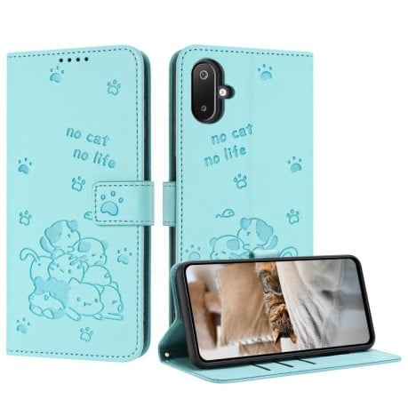 Чехол-книжка Embossed Kitten Phone Leather для Samsung Galaxy M06 5G - зелений