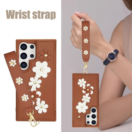 Чохол Crossbody Flower Pattern Leather  для Samsung Galaxy S25 Ultra 5G - коричневий