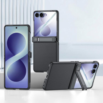 Чехол из эко-кожи Spring Hinge Holder Vegan Leather Integrated Film с пружинной петлёй на Samsung Galaxy Flip8 5G — чёрный