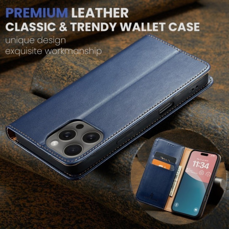 Кожаный чехол-книжка Fierre Shann Genuine leather для iPhone 16 Pro Max - синий