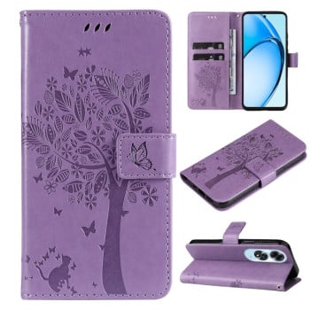 Чохол-книжка Tree &amp; Cat Embossed Pattern для OPPO A60 4G - фіолетовий