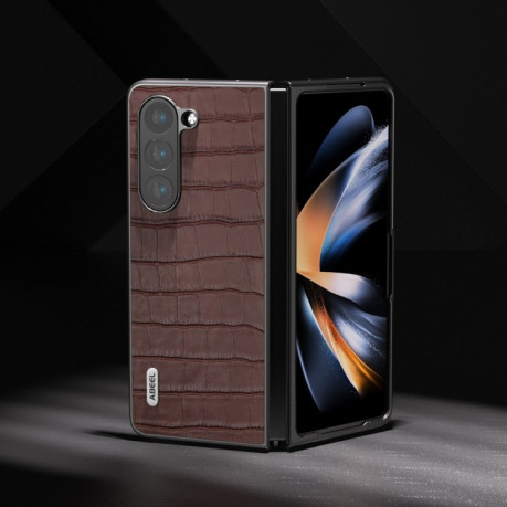 Противоударный кожаный чехол ABEEL Crocodile Texture для Samsung Galaxy Fold 5 - коричневый