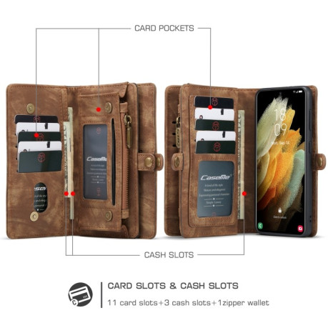 Чехол-кошелек CaseMe 008 Series Zipper Style на Samsung Galaxy S21- коричневый