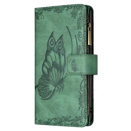 Чехол-кошелек Flying Butterfly Embossing для iPhone 14/13 - зеленый