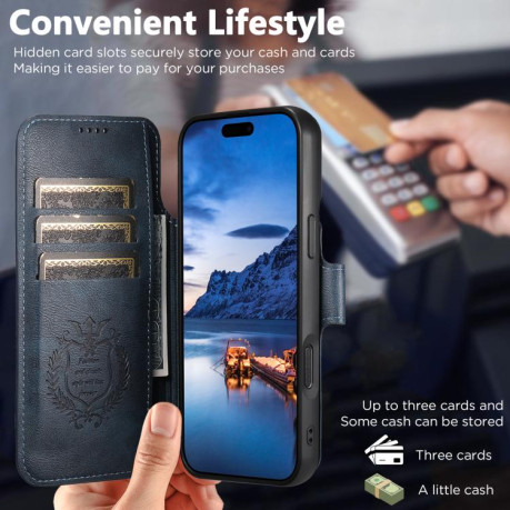 Чехол-книжка Suteni Q06 2-in-1 Multi-function с MagSafe и магнитным хлястиком для iPhone 17 Pro — синий