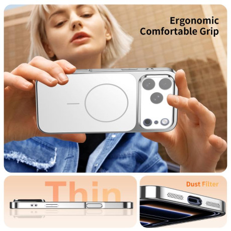 Чехол Corning Glass Plating Large Window MagSafe со стеклом Corning и MagSafe для iPhone 16 Pro Max — серебристый