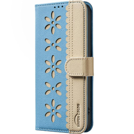 Чехол-книжка Splicing Color Hollow Flower Pattern RFID для Xiaomi Poco F7 5G - голубой