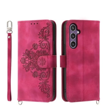 Чехол-книжка Skin-feel Flowers Embossed для Samsung Galaxy S24+ 5G - винно-красный